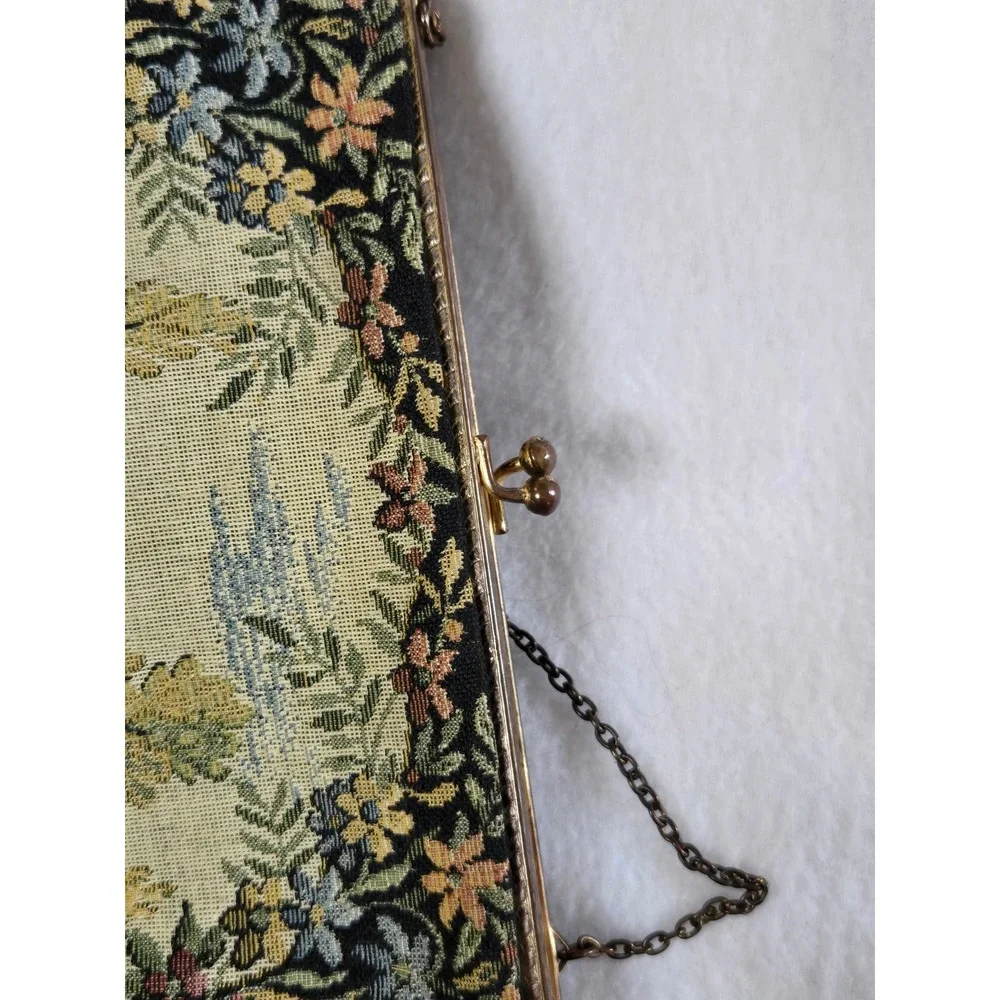Vintage Made in France Tapestry Floral Landscape Kiss Lock Evening Bag Clutch